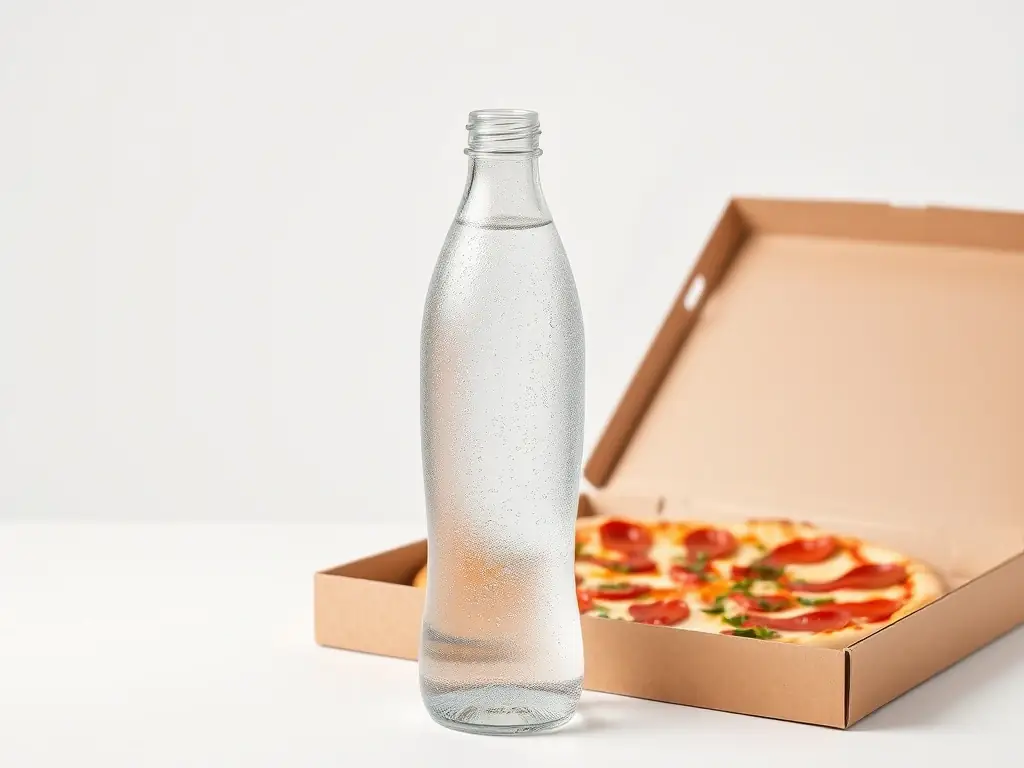 A clean and minimalist image of a bottle of chilled water with condensation, placed next to a pizza box. The background should be simple and uncluttered, emphasizing the purity and refreshment of the water.