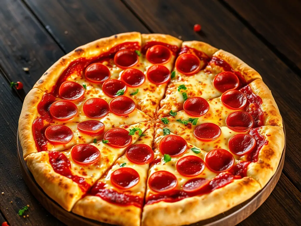 A close-up shot of a classic cheese pizza with a golden-brown crust and bubbling mozzarella cheese, emphasizing its simple yet satisfying taste. The pizza is presented on a checkered tablecloth with a side of marinara sauce.