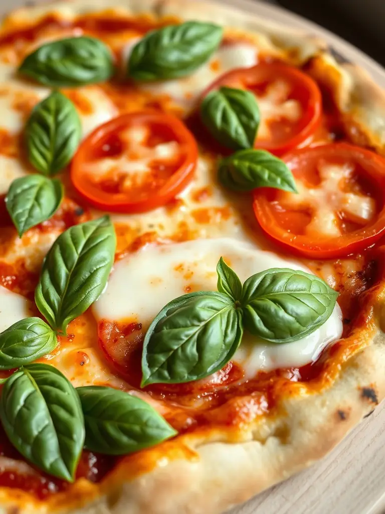 A close-up shot of a freshly baked Margherita pizza with vibrant red tomatoes, melted mozzarella, and fresh basil leaves, showcasing the simplicity and quality of ingredients.