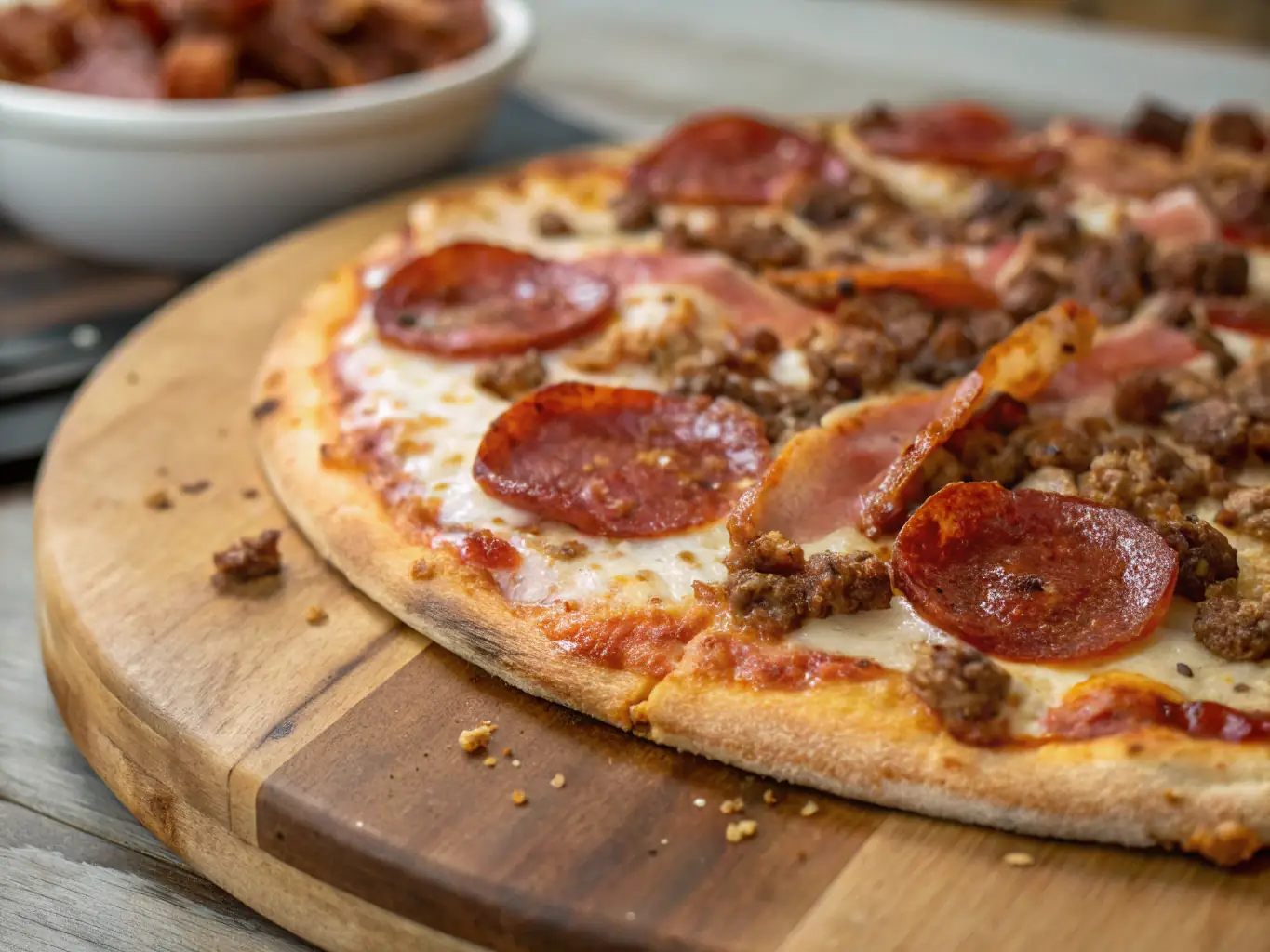 Ein köstliches Bild einer Pizza für Fleischliebhaber, belegt mit Peperoni, Wurst, Speck und Schinken, mit geschmolzenem Käse, der über den Belag läuft, serviert auf einem karierten Tischtuch in einer Call a Pizza-Werbeumgebung.