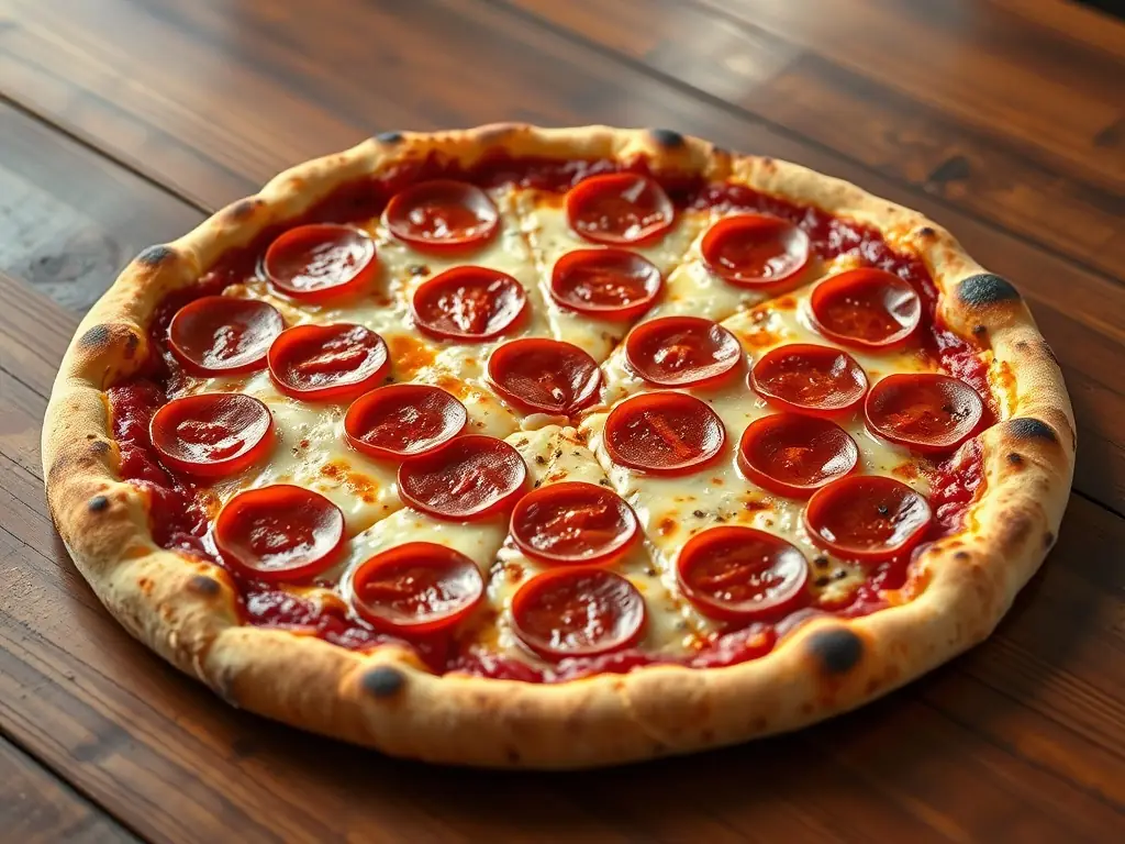 Eine klassische Käsepizza mit perfekt goldener Kruste und geschmolzenem Mozzarella-Käse, in Scheiben geschnitten und auf einem Pizzaständer präsentiert, mit einer Beilage von Marinara-Sauce in einem Call a Pizza-Restaurant.