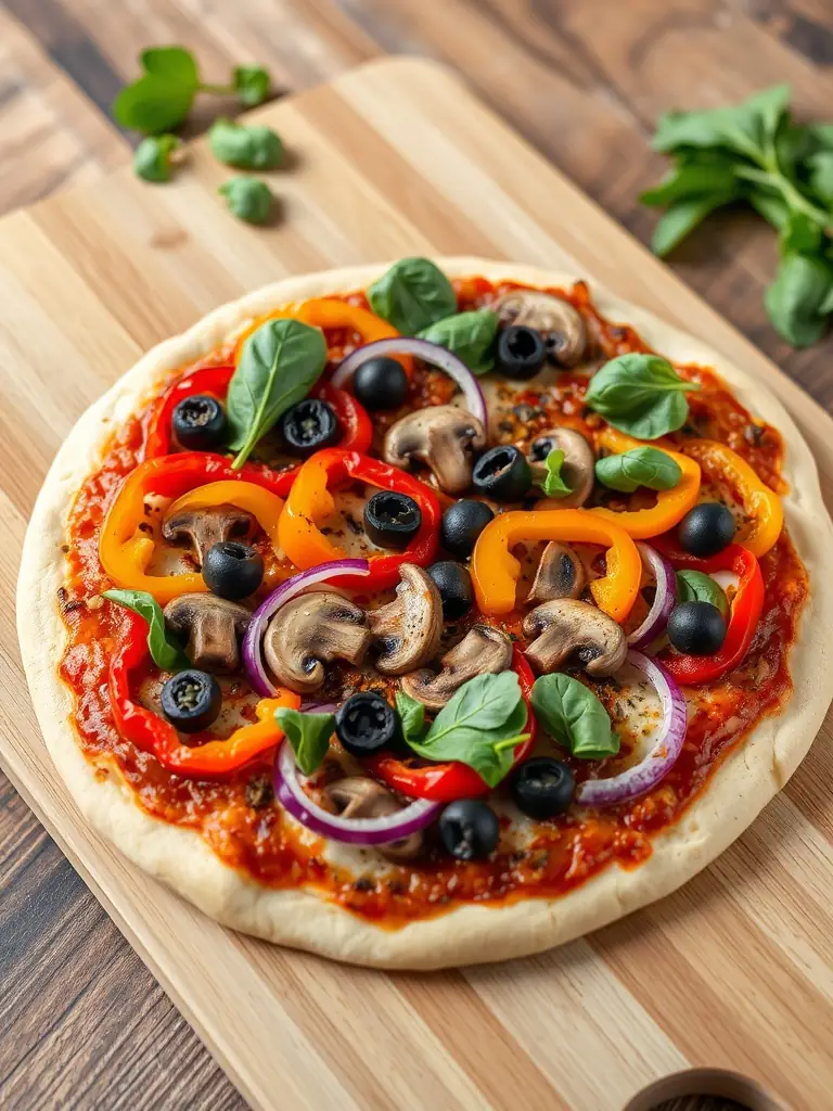A vegan pizza with colorful vegetables like bell peppers, onions, mushrooms, and spinach on a whole wheat crust, emphasizing the healthy and flavorful vegan option.
