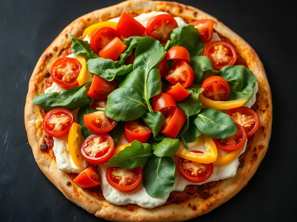 Eine lebhafte Nahaufnahme einer frisch gebackenen veganen Pizza mit buntem Gemüse und pflanzlichem Käse, die auf einer hölzernen Pizzaschaufel liegt und bereit ist, in einem Call a Pizza-Restaurant serviert zu werden.
