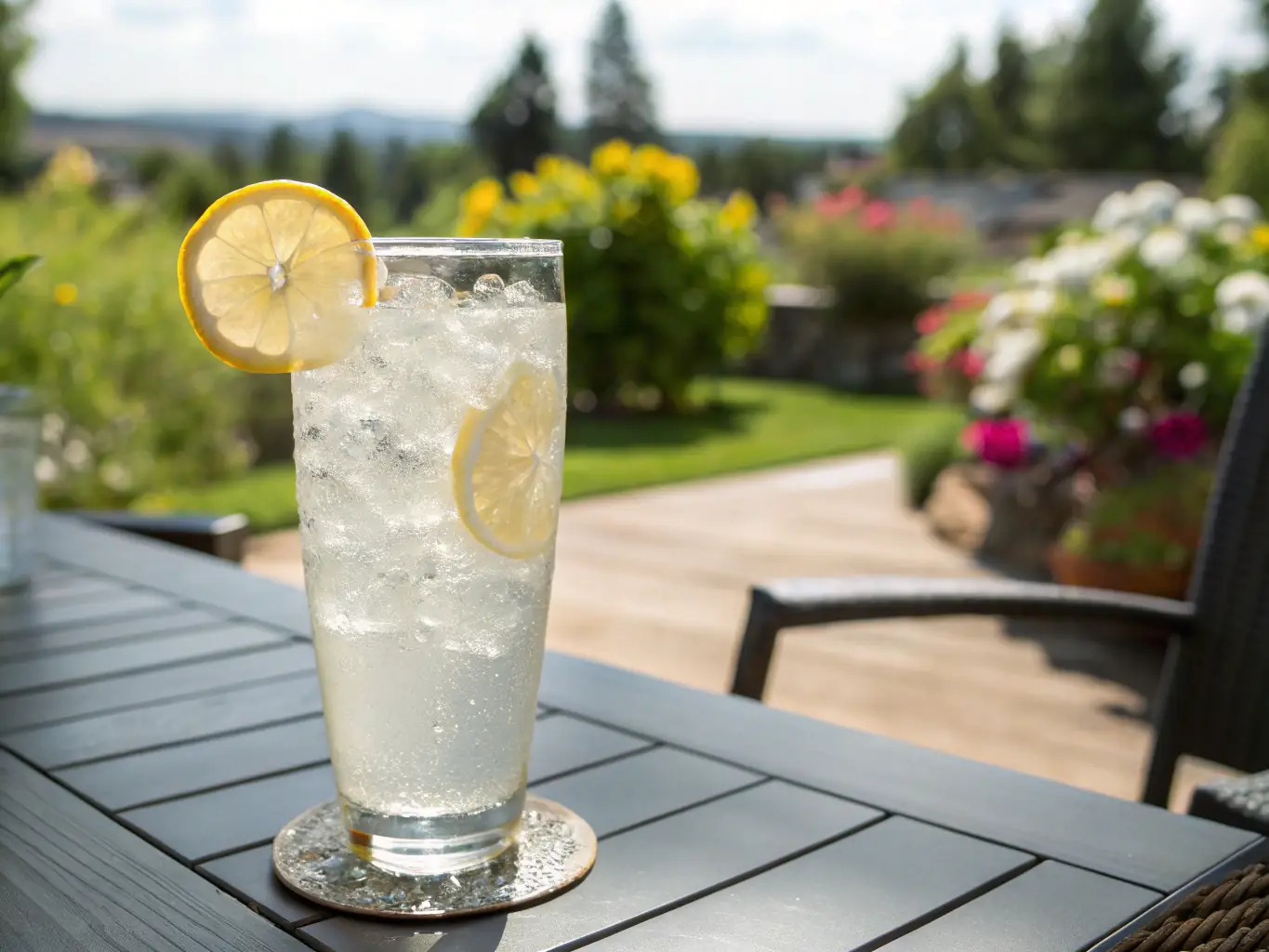 A vibrant image of a glass filled with homemade lemonade, garnished with a lemon slice and mint leaves. The background should be bright and refreshing, emphasizing the natural ingredients.