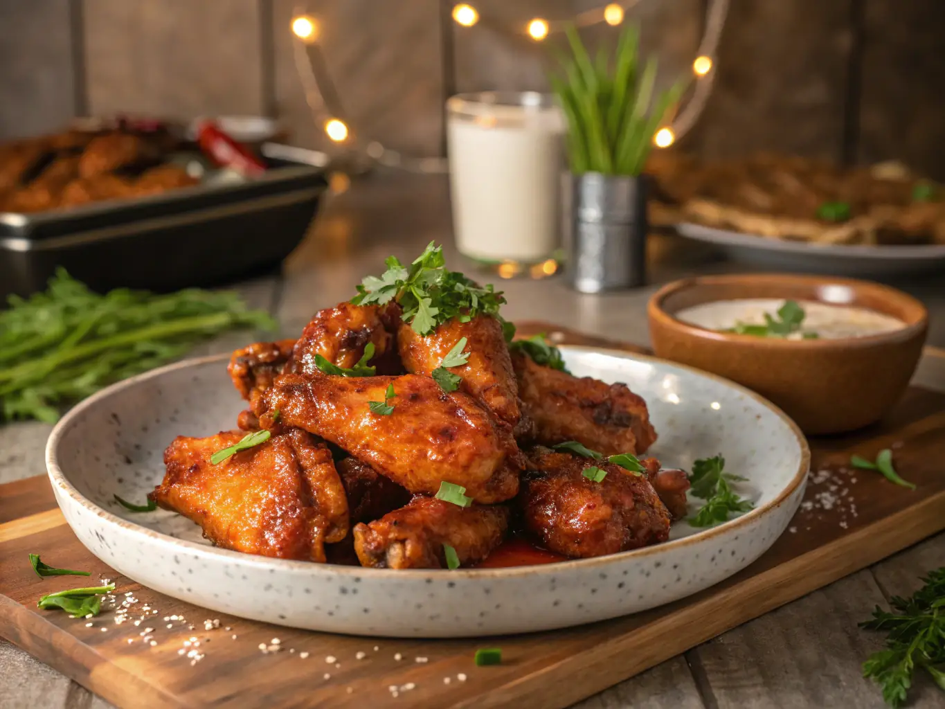 A close-up shot of crispy, golden-brown chicken wings seasoned with herbs and spices, arranged on a rustic wooden board with a side of dipping sauce. The image should highlight the texture and appetizing appearance of the wings.
