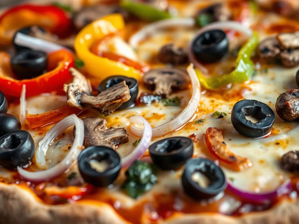 A vibrant, close-up shot of a vegan pizza with colorful vegetables, plant-based cheese, and a crispy crust, showcasing its fresh and appetizing appearance. The pizza is placed on a rustic wooden board with a blurred background of a cozy pizzeria setting.